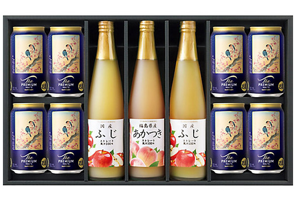 鷽二羽と紅梅 プレモル+ジュース